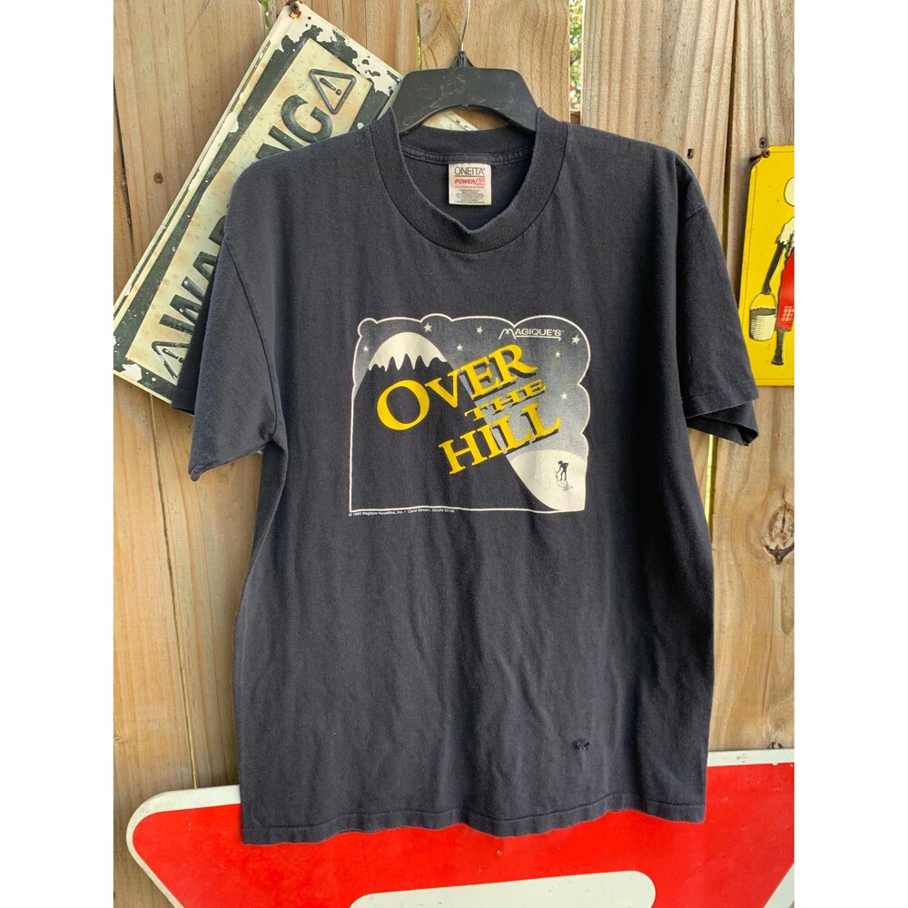 black t-shirt L "Over The Hill" graphic, characteristic of humorous novelty